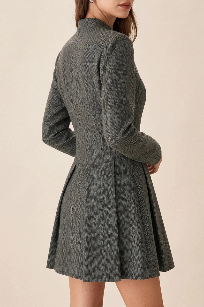 Grey Button Pleated Mini Dress Long Sleeve Fitted Waist Mandarin Collar