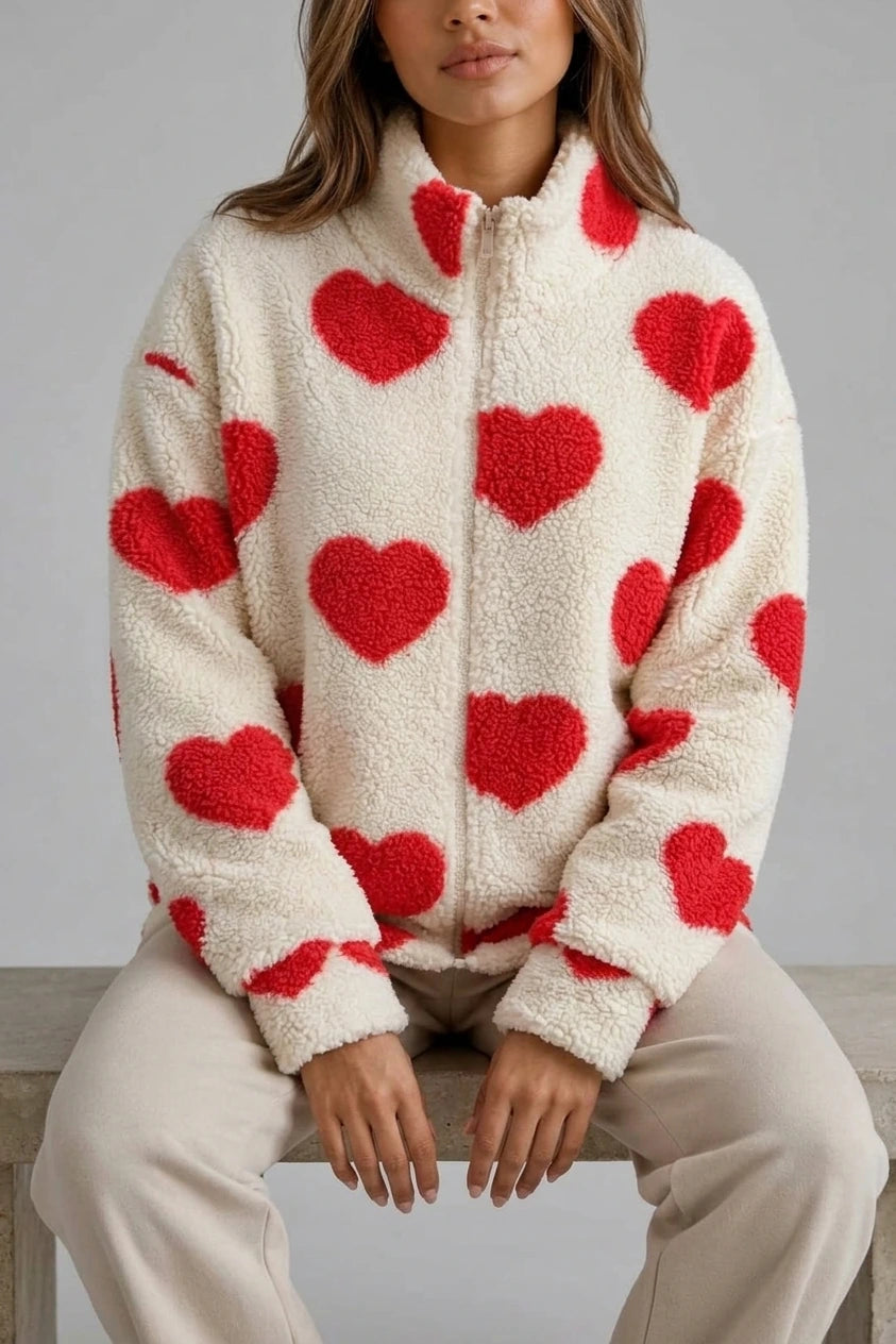 Women’s Heart Print Teddy Fleece Jacket – Zip Up Relaxed Fit Sherpa — variant_front