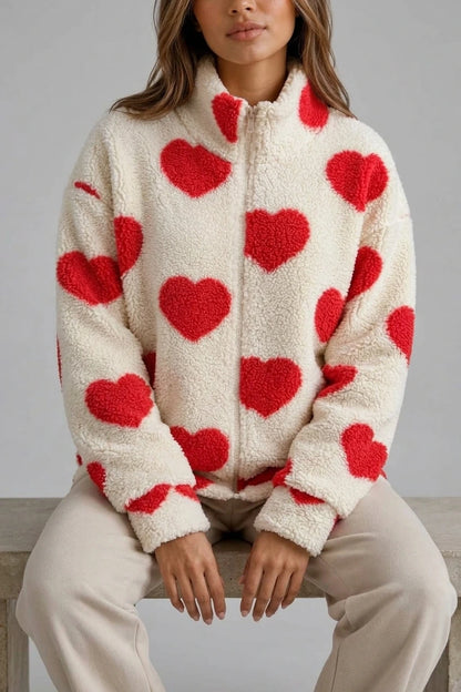 Women’s Heart Print Teddy Fleece Jacket – Zip Up Relaxed Fit Sherpa — variant_front