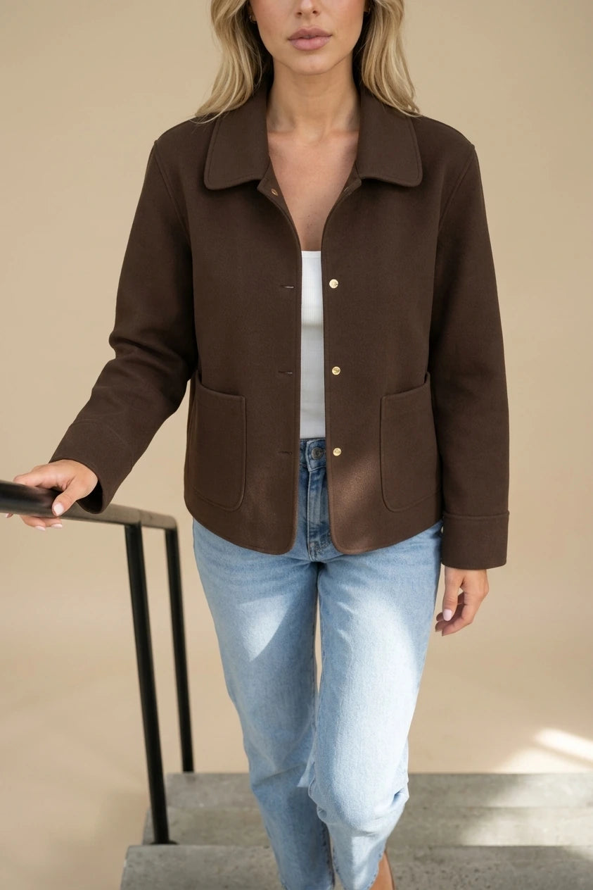 Women’s Collared Overshirt Jacket – Button Up Style with Patch Pockets — variant_front