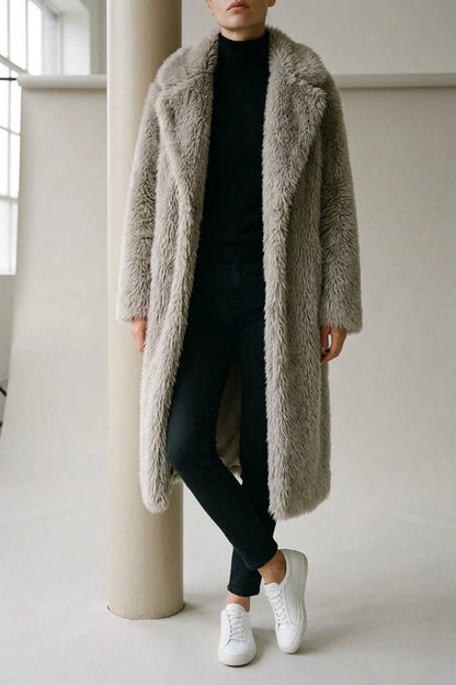 Women's Long Teddy Coat with Open Front — variant_front