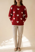 Women's Heart Print Knitted Jumper - Relaxed Fit Crew Neck Sweater