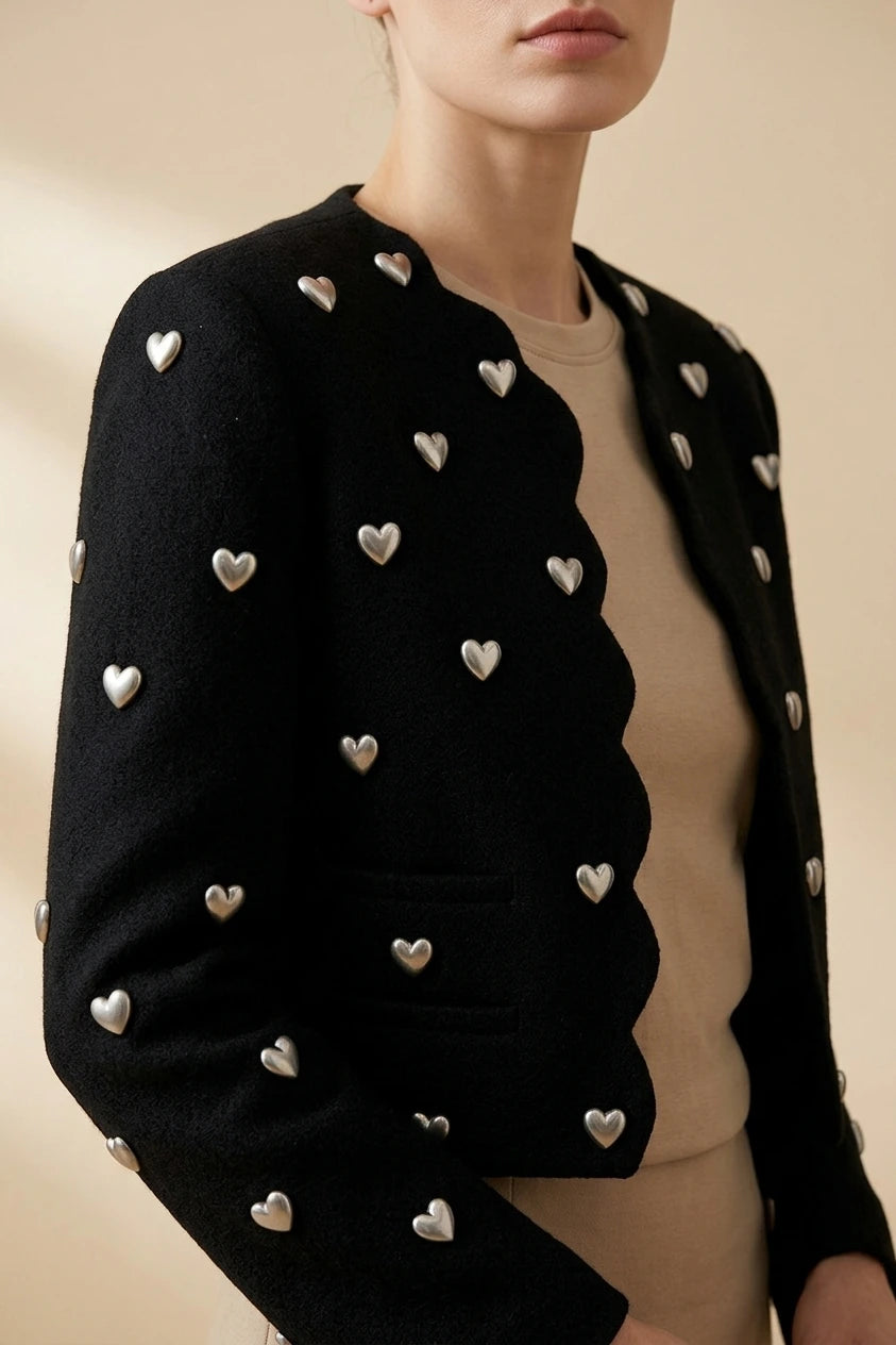 Women's Heart Embellishment Cropped Blazer Collared — variant_front