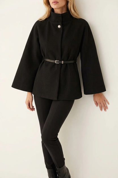 Women’s Belted Cape Jacket – High Neck Flared Sleeve Coat — variant_front