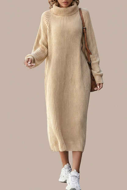 Women's Ribbed Turtleneck Midi Dress with Long Sleeves — variant_front