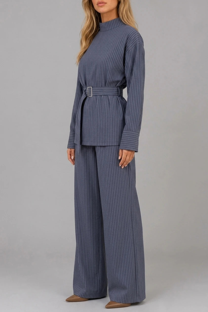 Women’s Pinstripe Two-Piece Set – High Neck Top & Wide Leg Trousers — variant_front