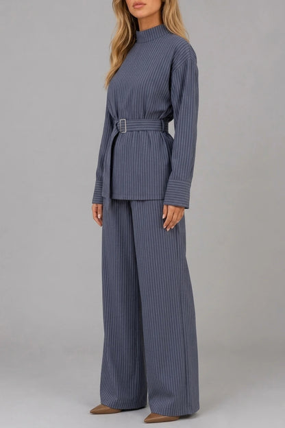 Women’s Pinstripe Two-Piece Set – High Neck Top & Wide Leg Trousers — variant_front