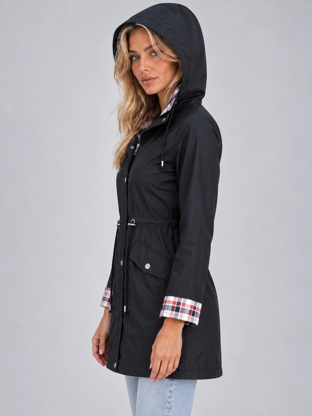 Women’s Longline Hooded Raincoat – Zip Up Parka with Adjustable Drawstring Waist — gallery_03.webp