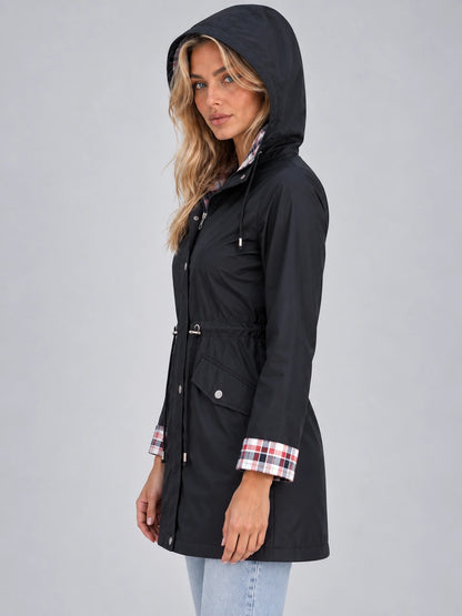 Women’s Longline Hooded Raincoat – Zip Up Parka with Adjustable Drawstring Waist — gallery_03.webp