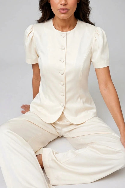 Women’s Tailored Two-Piece Trouser Suit – Short Sleeve Blazer & Wide Leg Trousers Set — variant_front