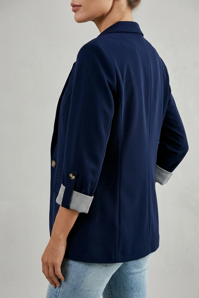 Flattering Rolled Sleeves Notched Lapel Buttoned Lightweight Office Casual Jacket Blazer — variant_front