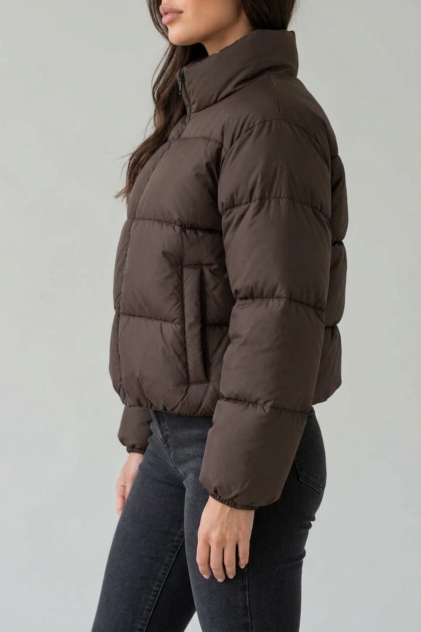 Women’s Cropped Puffer Jacket – High Neck Full Zip Padded Coat — variant_front