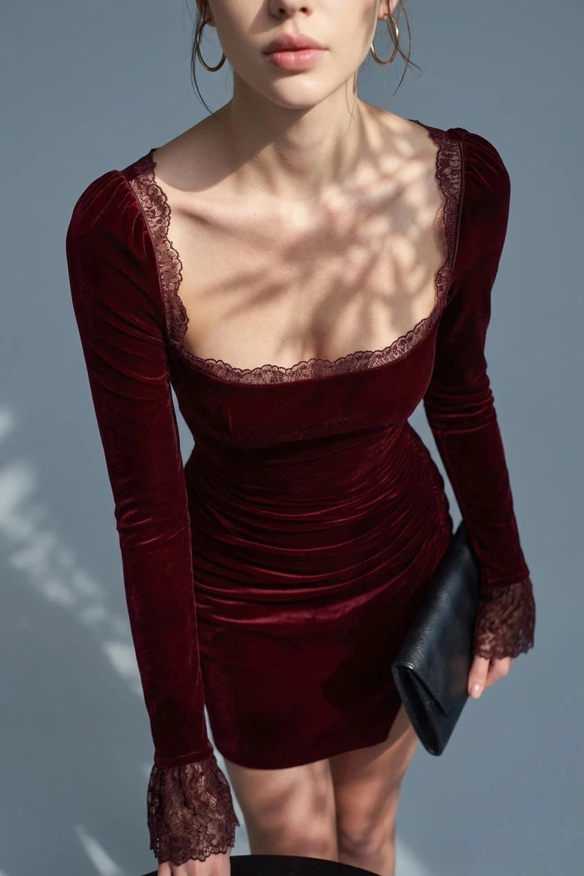 Velour Square Neck Mini Dress Ruched Body Lace Trim Long Sleeves
