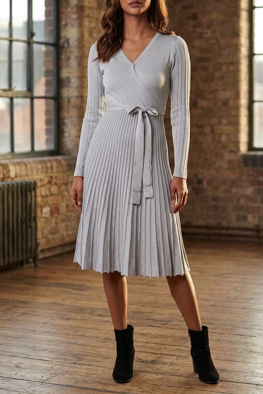 Pleated Tie Waist Knit Midi Dress — variant_front