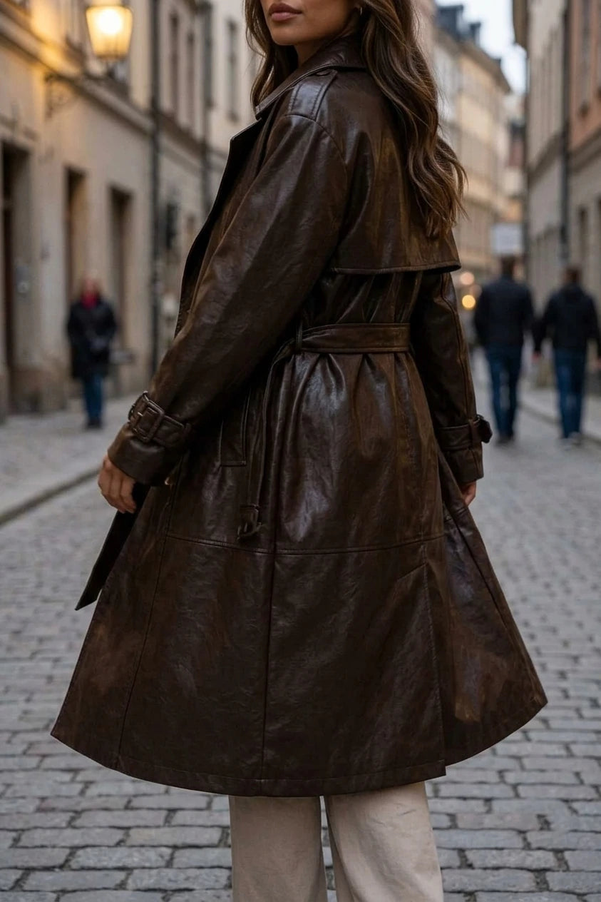 Women’s Leather Look Trench Coat – Long Double Breasted Belted Jacket — variant_front