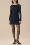 Blue See-Through Long Sleeve Mini Dress With Boat Neck And Flocked Floral Mesh