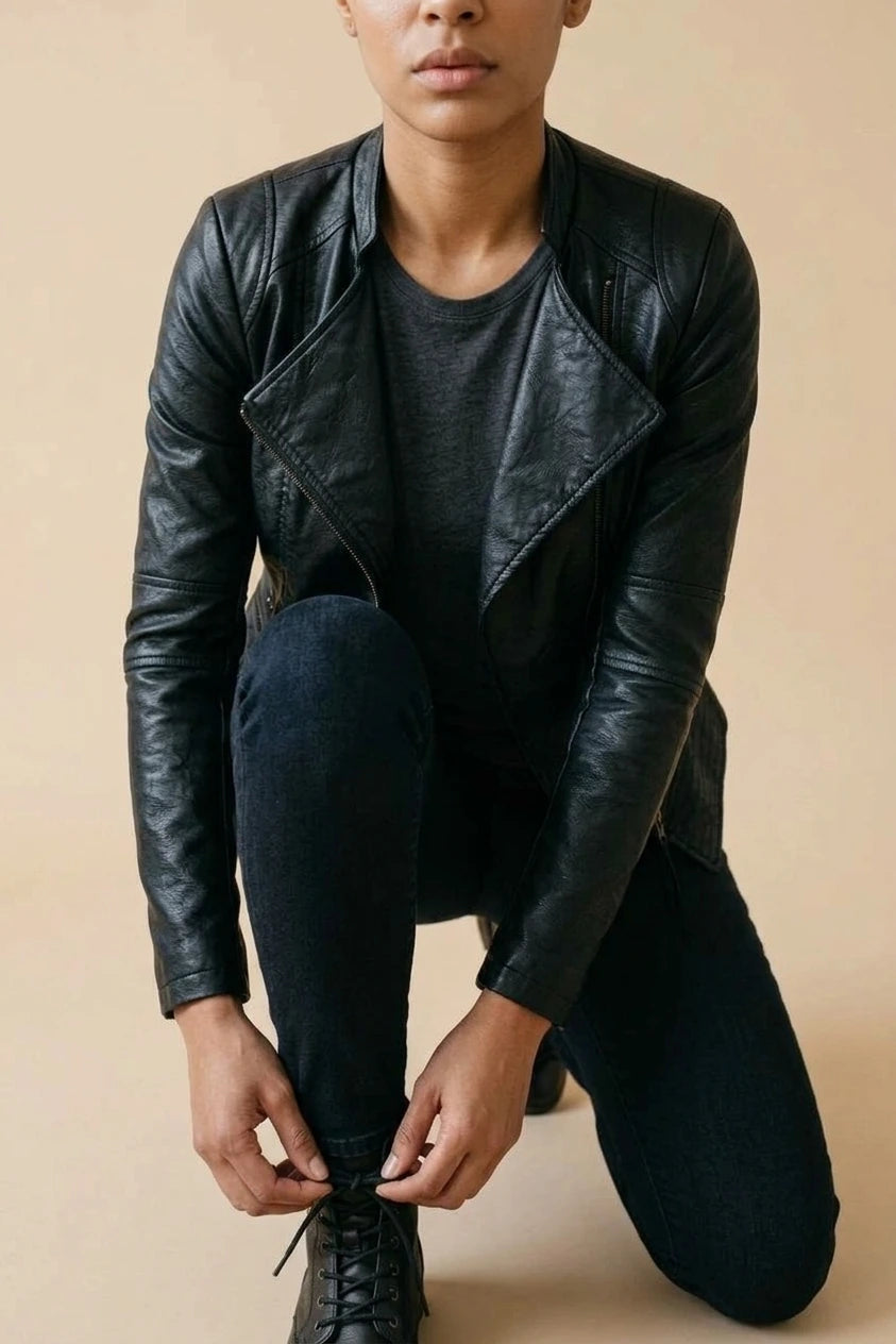 Drune | Damen Schwarze Asymmetrische PU-Leder Bikerjacke — variant_front