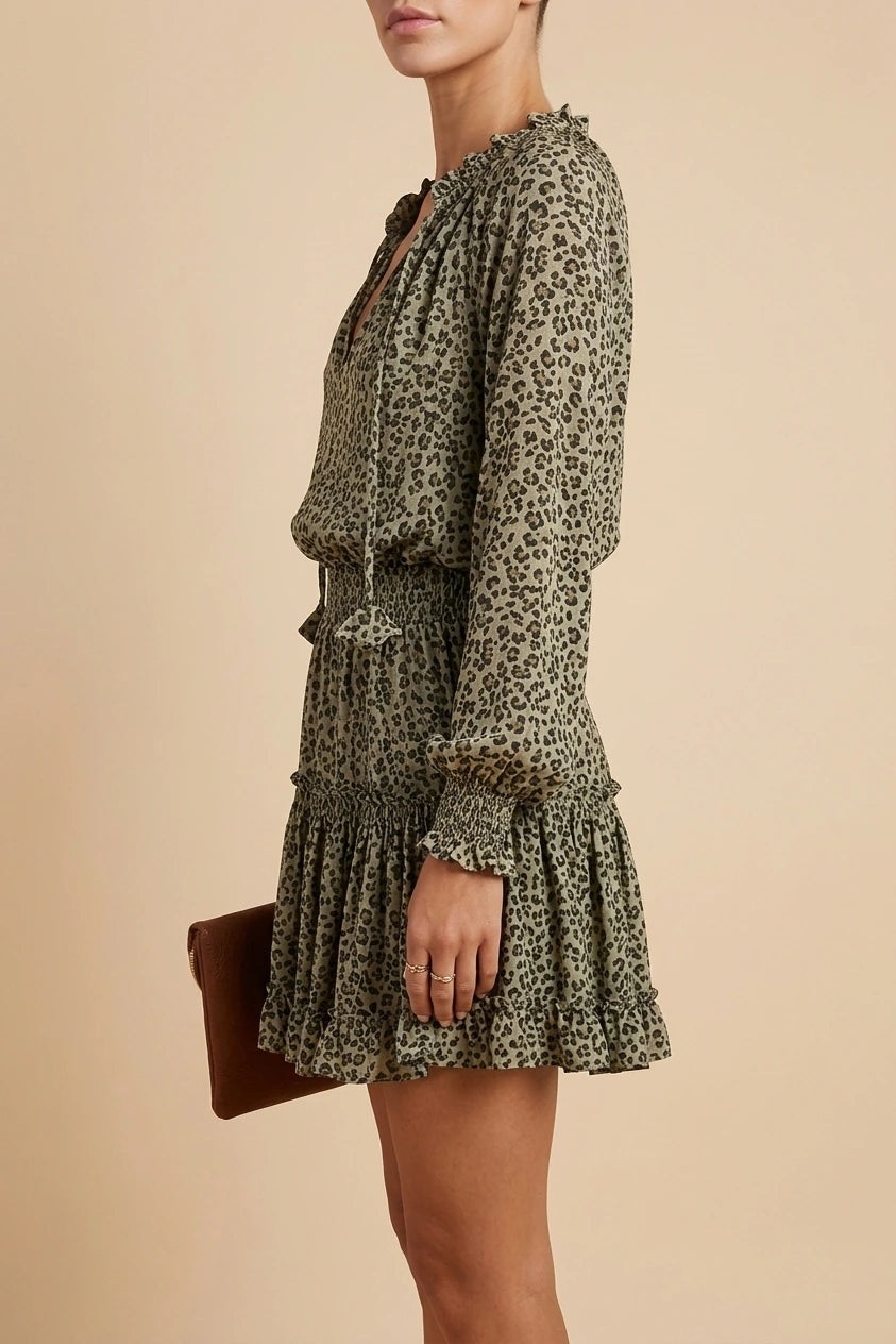 Leopard Print Mini Dress - V-Neck with Smocked Bodice & Ruffled Tiered Skirt — variant_front