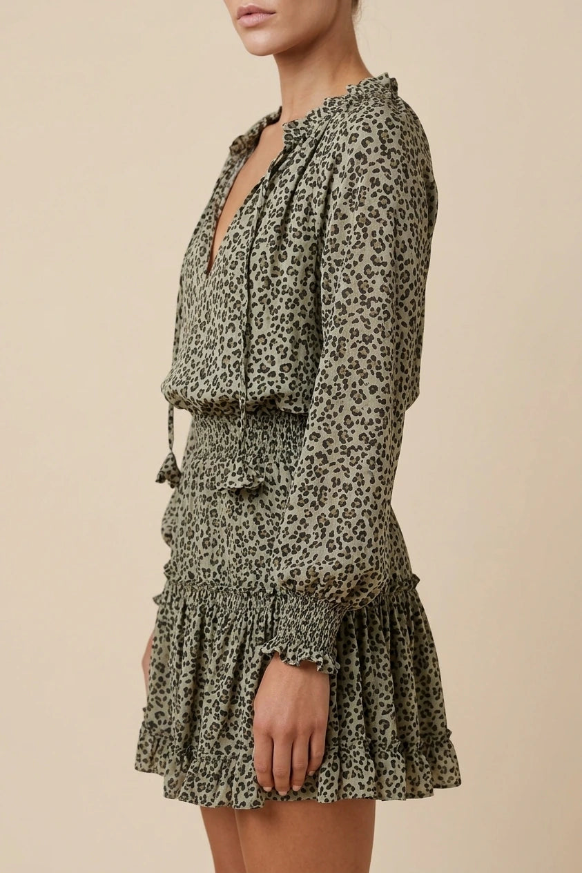 Leopard Print Mini Dress - V-Neck with Smocked Bodice & Ruffled Tiered Skirt — variant_front