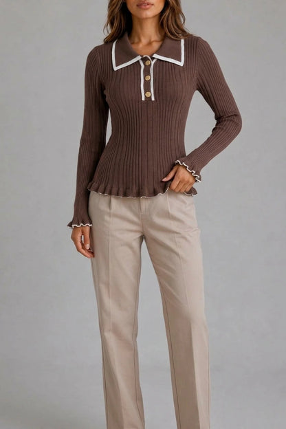 Women’s Ribbed Knit Polo Jumper – Long Sleeve Fitted Top — variant_front