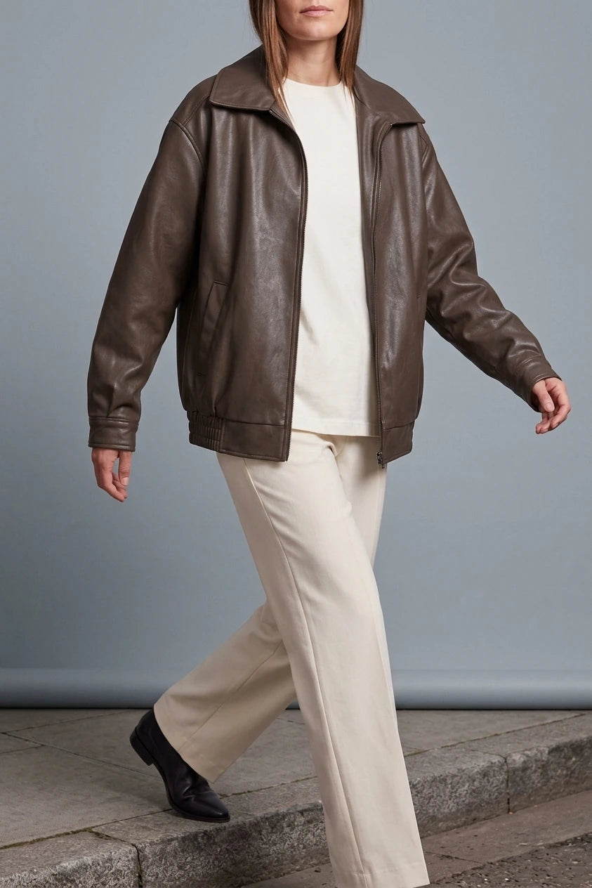 Brown Faux Leather Oversized Bomber Jacket — variant_front