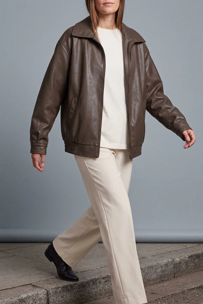Brown Faux Leather Oversized Bomber Jacket — variant_front