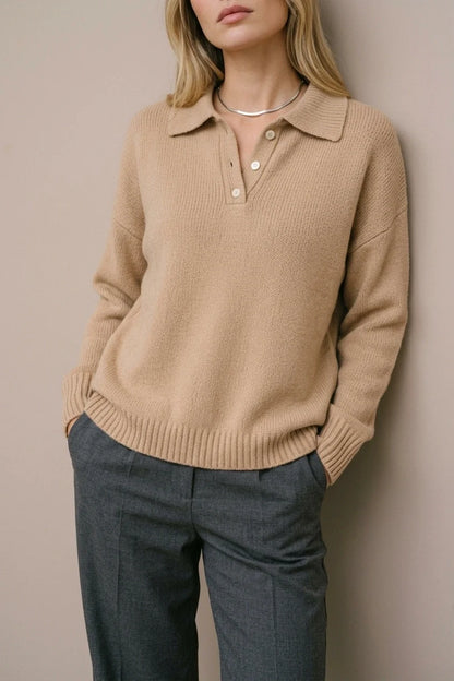 [ASD1] Women'S Elegant Casual Cute Sexy Lapel Solid Color Polo Neck Button Soft Warm Long Sleeve Sweater Pullover Basic Style Sweater — variant_front
