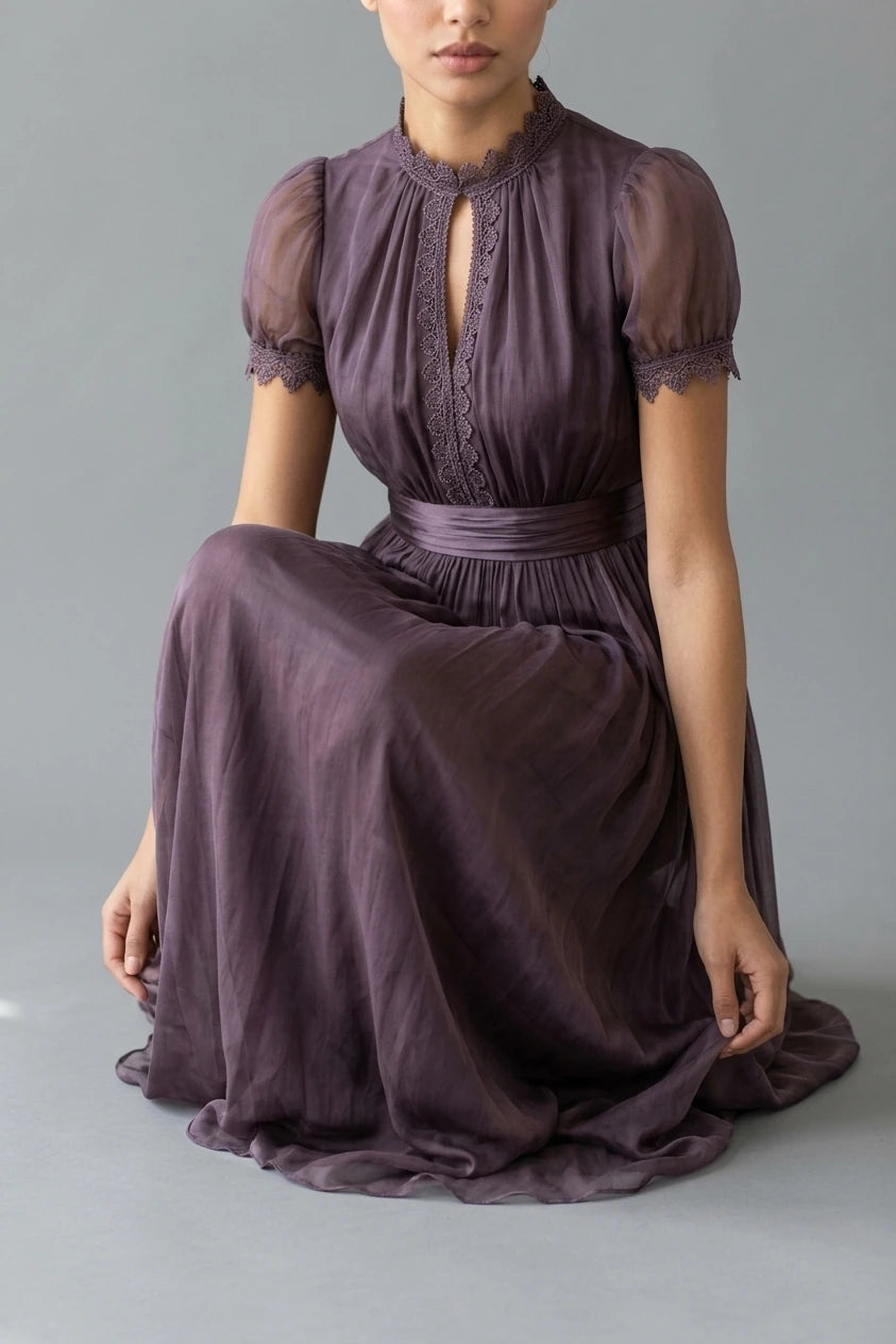 Elegant Mauve Chiffon Maxi Dress with Lace Trim and Satin Waist Belt — variant_front