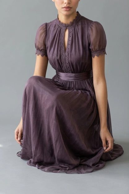 Elegant Mauve Chiffon Maxi Dress with Lace Trim and Satin Waist Belt — variant_front