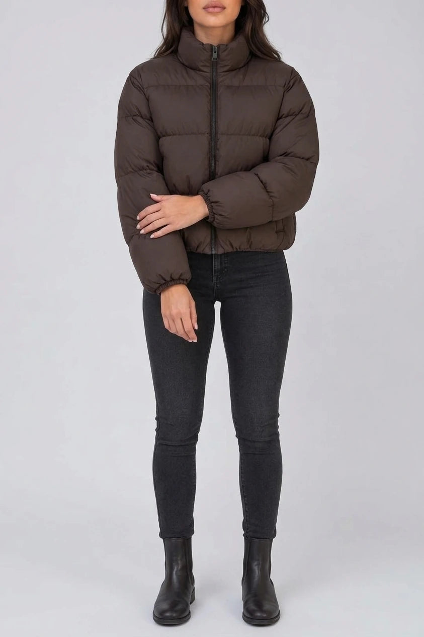 Women’s Cropped Puffer Jacket – High Neck Full Zip Padded Coat — variant_front