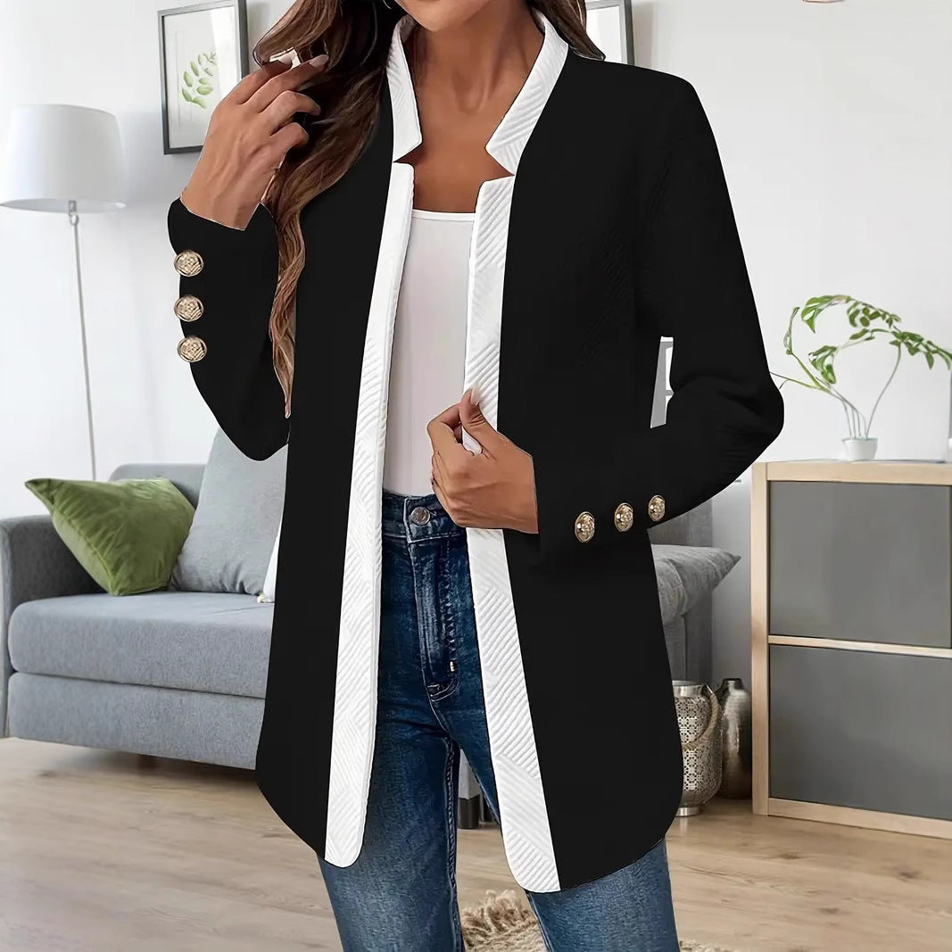 Polished Open Front Blazer with Contrast Trim and Gold Buttons — variant_front