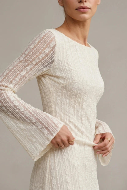 Lace Bell Sleeve Mini Dress With Sheer Sleeves And Boat Neck