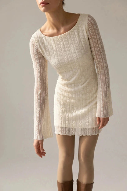 Lace Bell Sleeve Mini Dress With Sheer Sleeves And Boat Neck
