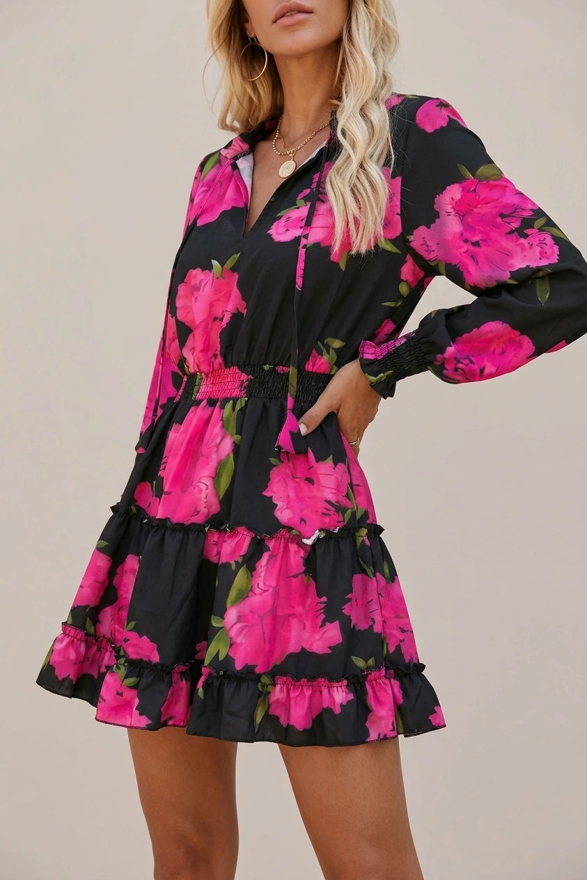 Ruffled Printed V-Neck Fitted Long Sleeve Tiered Dress — variant_front
