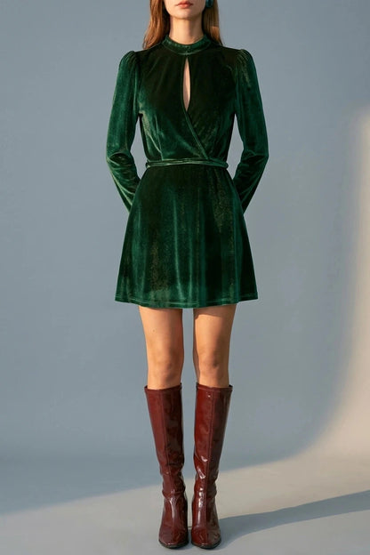 Stand Collar Cut Out Velvet Mini Dress With Long Sleeves And Wrap Waist