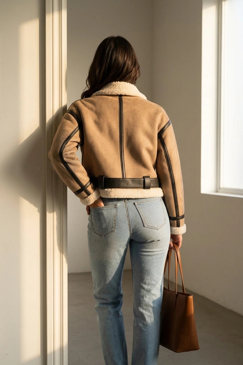 Women's Suede Look Cropped Aviator Jacket – Teddy Lined Biker Coat — variant_front