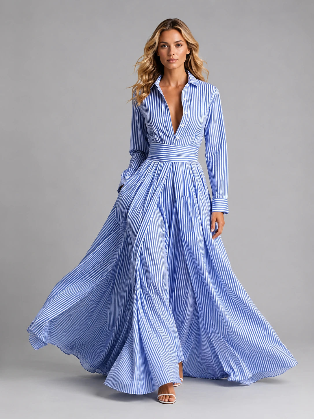Women’s Cotton Striped Shirt Maxi Dress – Cinched Waist Flowing Style — gallery_01.webp