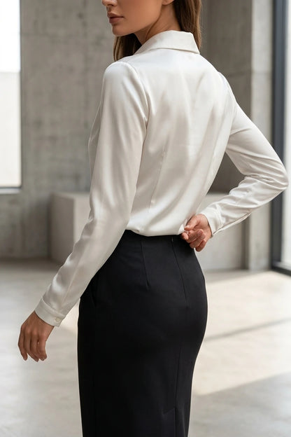 Elegant Satin Blouse with Draped Neckline and Classic Collar — variant_front