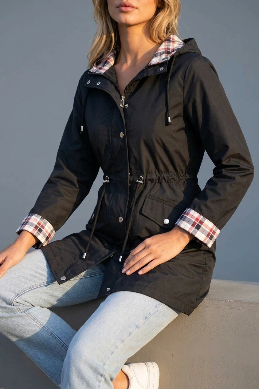 Women’s Longline Hooded Raincoat – Zip Up Parka with Adjustable Drawstring Waist — variant_front