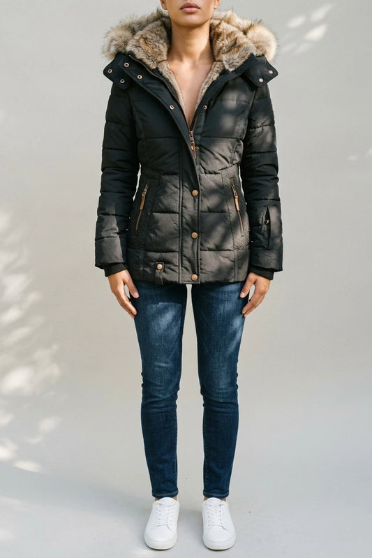 Fitted Hooded Puffer Jacket with Fur Collar Lining — variant_front