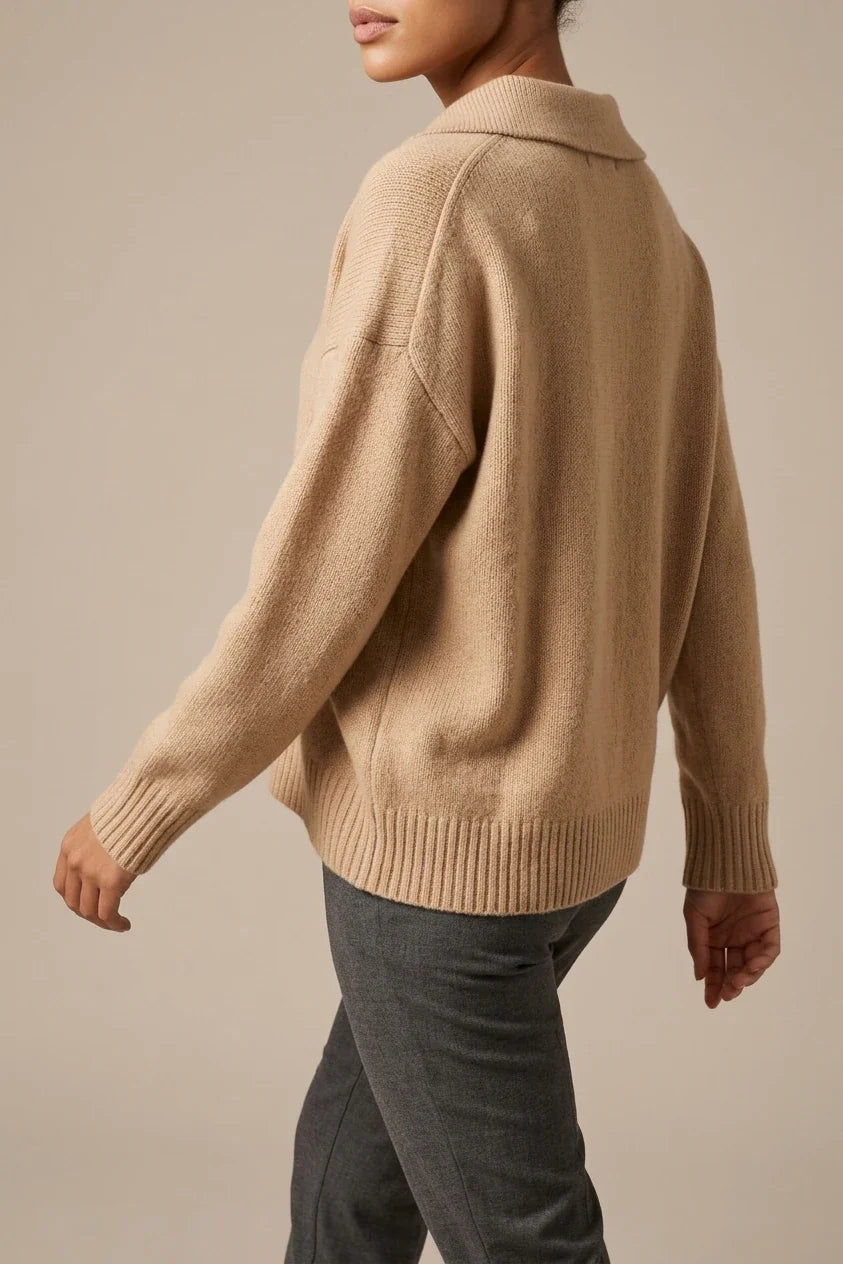 [ASD1] Women'S Elegant Casual Cute Sexy Lapel Solid Color Polo Neck Button Soft Warm Long Sleeve Sweater Pullover Basic Style Sweater — variant_front