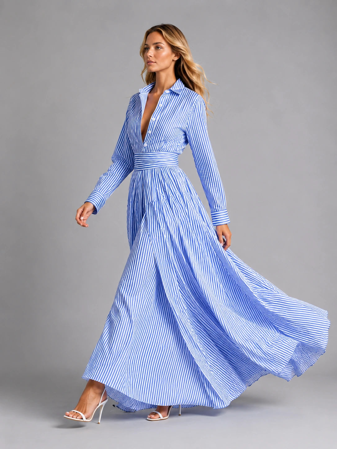 Women’s Cotton Striped Shirt Maxi Dress – Cinched Waist Flowing Style — gallery_03.webp