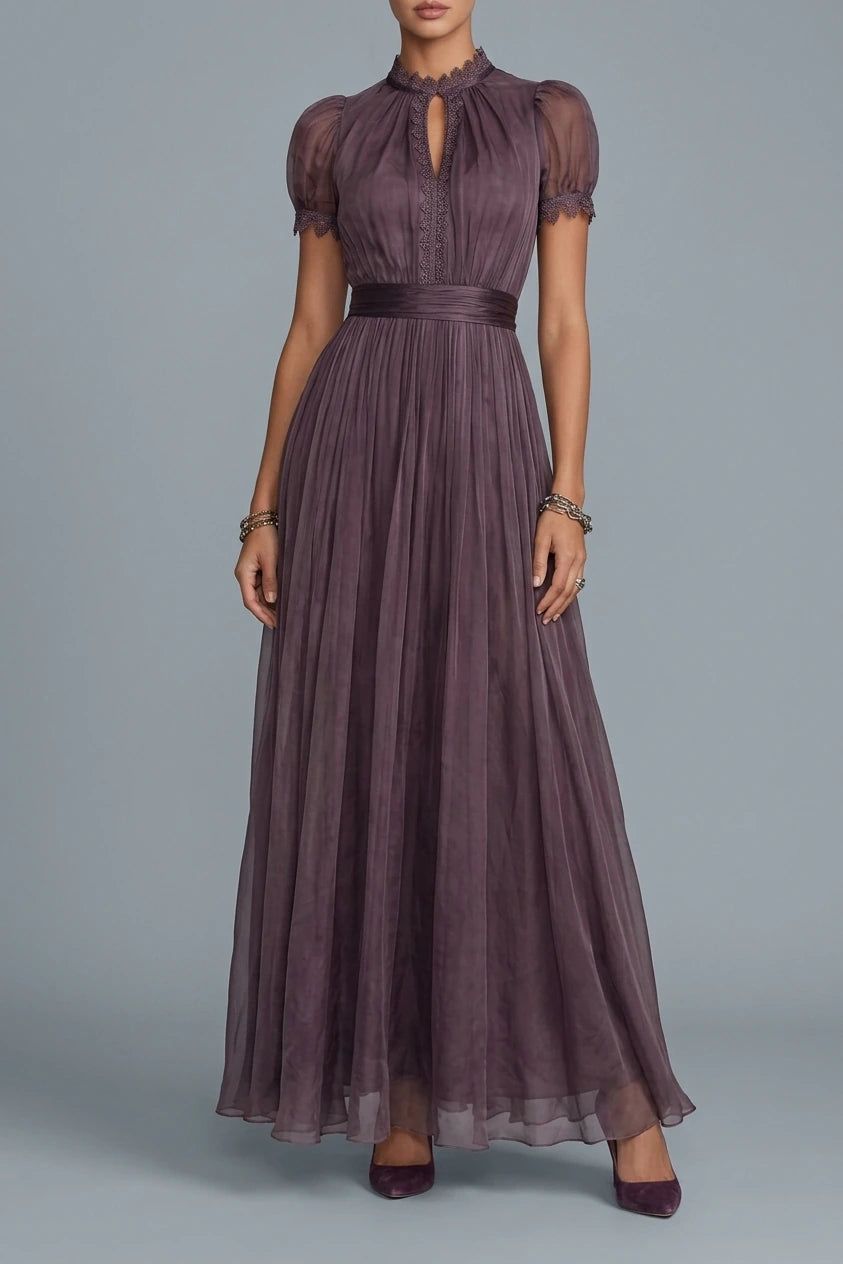 Elegant Mauve Chiffon Maxi Dress with Lace Trim and Satin Waist Belt — variant_front
