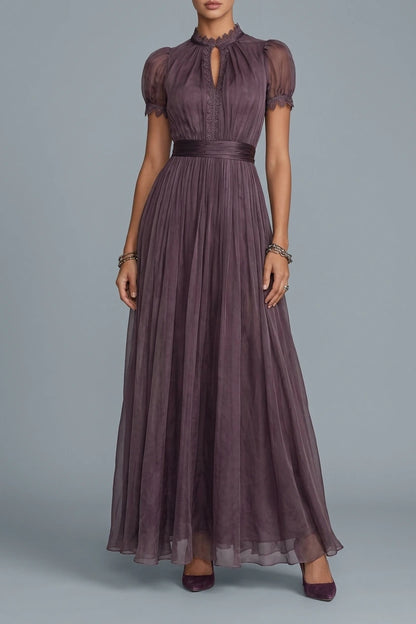 Elegant Mauve Chiffon Maxi Dress with Lace Trim and Satin Waist Belt — variant_front