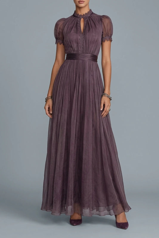 Elegant Mauve Chiffon Maxi Dress with Lace Trim and Satin Waist Belt — variant_front