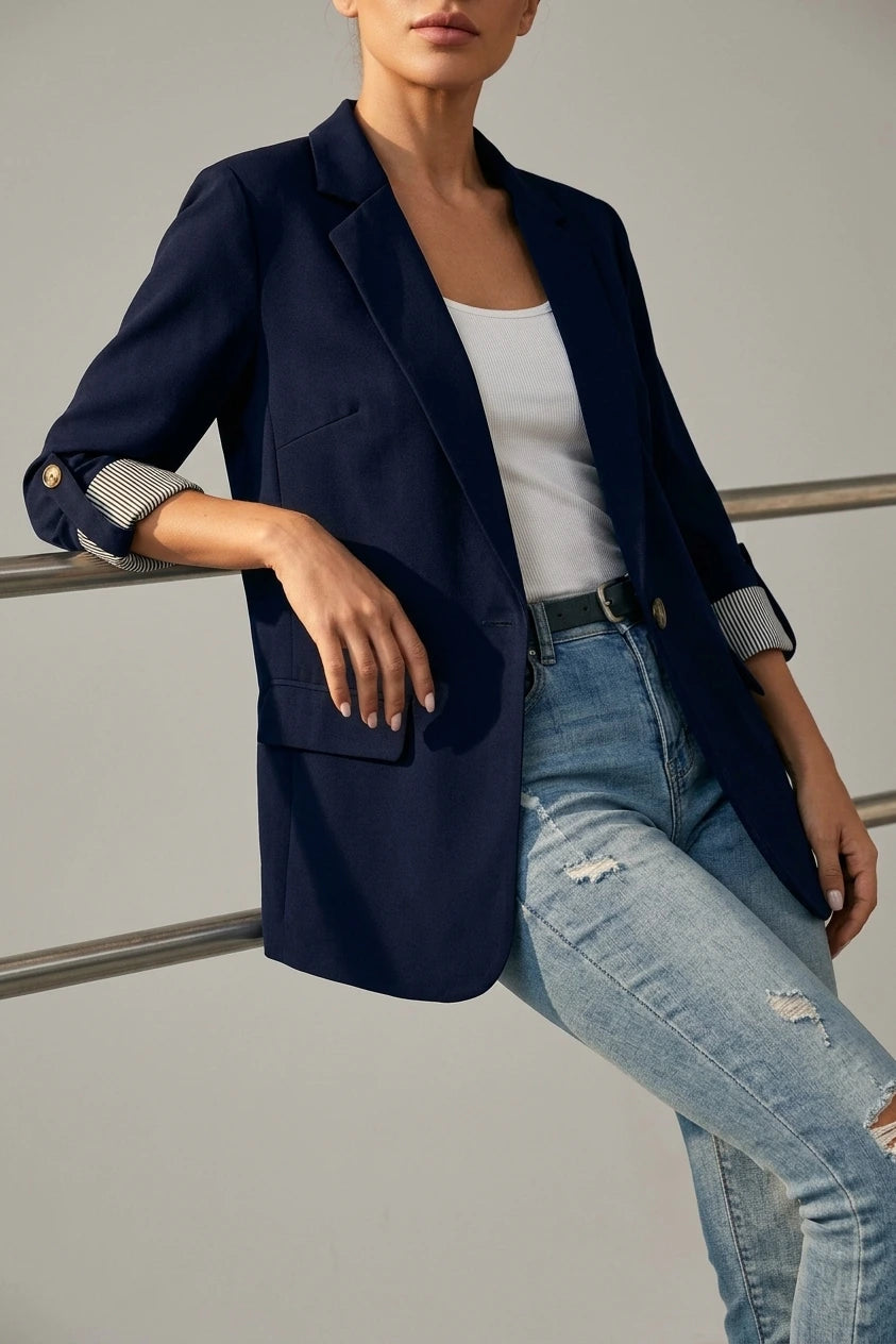 Flattering Rolled Sleeves Notched Lapel Buttoned Lightweight Office Casual Jacket Blazer — variant_front