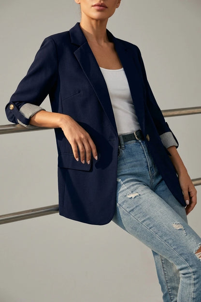 Flattering Rolled Sleeves Notched Lapel Buttoned Lightweight Office Casual Jacket Blazer — variant_front