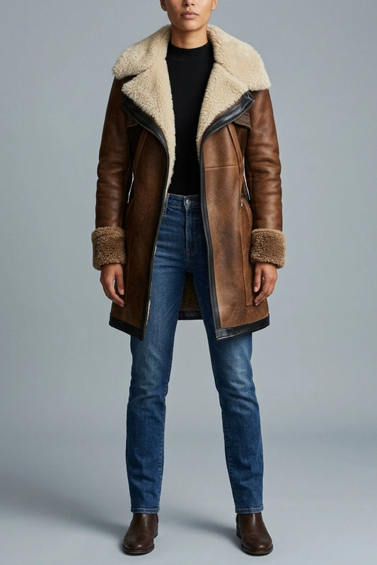 Women's Shearling Faux Leather Moto Jacket – Theodora — variant_front