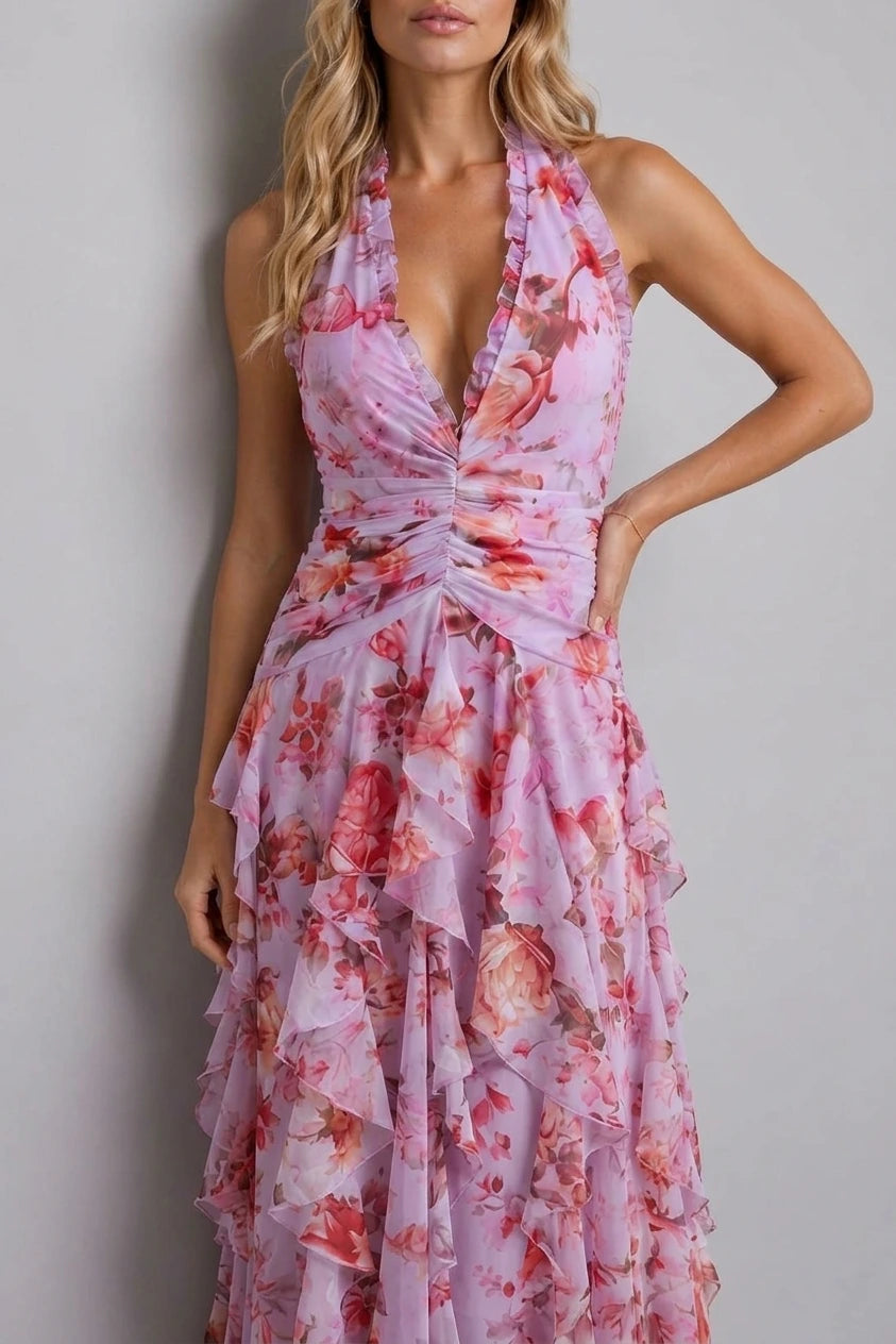 Women’s Floral Halter Maxi Dress – Wedding Guest Evening Gown — variant_front