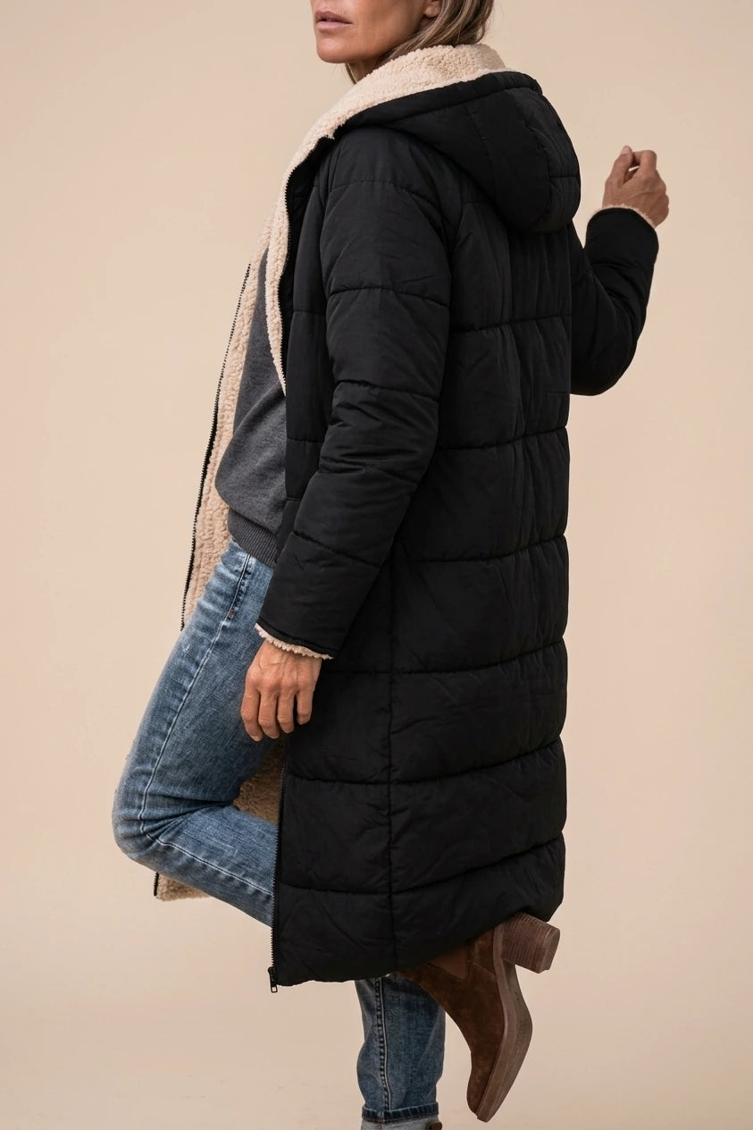 Women's Hooded Reversible Long Coat with Teddy Lining — variant_front